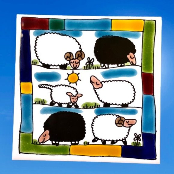 Tile Trivet Hot Plate SHEEP Hand Glazed by Team Owairaka New Zealand - Picture 3 of 11